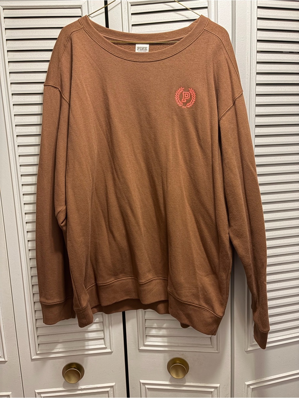 PINK Brown Crewneck Sweatshirt with Bright Coral Logo